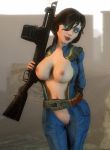  1girl 3d bioshock bioshock_infinite black_hair blue_eyes breasts crossover elizabeth fallout gun lordaardvark nipples weapon 