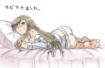  1girl ass bare_shoulders barefoot bed blush bottomless breath dr.p dress_shirt lying no_pants on_side original pajamas panties pillow shirt sick solo sweat tales tales_of_(series) tales_of_the_abyss tear tear_grants translated underwear white_background white_panties 