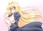  &gt;:o 1girl :o angry bangs blonde_hair blue_dress blue_eyes blush body_blush breast_hold breasts breasts_outside cleavage covering covering_breasts dress gradient gradient_background hair hair_intakes huge_breasts komiru large_breasts long_hair looking_at_viewer no_bra nose_blush puffy_sleeves sekirei solo straight_hair torn_clothes tsukiumi very_long_hair white_background 
