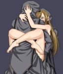  1boy 1girl anal barefoot blue_eyes brown_eyes brown_hair clothed_male_nude_female double_penetration earrings feet hair_over_one_eye hetero hug hugging jewelry leg_lock long_hair nude photoshop red_hair sex shunzou suspended_congress tales tales_of_(series) tales_of_the_abyss tattoo tear tear_grants vaginal 