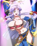  1girl alternate_breast_size areolae bandeau banpresto bell belt breasts dancing endless_frontier fan fangs hand_on_hip hips horn horns huge_breasts jingle_bell long_hair navel nippleless_clothes nippleless_clothing nipples one_eye_closed oni open_mouth pointy_ears purple_hair silver_hair skindentation solo sparkle strapless super_robot_wars super_robot_wars_og_saga_mugen_no_frontier suzuka_hime tubetop usatarou wink 