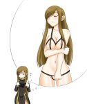  2girls areola areola_slip areolae bikini breast_hold breasts brown_hair closed_eyes covering covering_crotch crotchless_swimsuit dream dreaming dual_persona hair hair_over_one_eye imagining long_hair micro_bikini multiple_girls shunzou swimsuit tales tales_of_(series) tales_of_the_abyss tear tear_grants thinking 