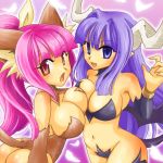  2girls animal_ears ass blue_eyes blue_hair breasts cleavage demon_girl disgaea female horns multiple_girls nekomata nekomata_(disgaea) pink_hair purple_background smile succubus succubus_(disgaea) tail wings 