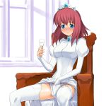 1girl a1 alcohol blue_eyes blush crown dress dress_lift female fingering fingers_in_pussy hand_in_panties hat henrietta_de_tristain masturbation panties solo stockings thighhighs underwear white_background white_panties wine zero_no_tsukaima