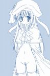  1girl akane_souichi bandaid bandaid_on_pussy blush bottomless buttons cape hat large_buttons little_busters little_busters! long_hair looking_at_viewer maebari monochrome no_panties noumi_kudryavka solo souichi standing thighhighs 