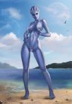  1girl alien asari beach bloocarrot blue_eyes blue_nipples blue_skin breasts cloud freckles humanoid liara_t&#039;soni lips mass_effect nipples outside seaside sky video_games 