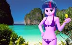  1girl 3d anthro bikini blunt_bangs breasts cleavage cloud female friendship_is_magic hand_on_hip long_hair looking_at_viewer multicolored_hair my_little_pony outdoors outside purple_eyes rock sky smile solo standing swimsuit tree twilight_sparkle water 