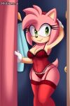  1girl ai_generated amy_rose arms_behind_head female_only fitting_room lingerie mobians.ai posing smile sonic_the_hedgehog_(series) thick_thighs thighs 