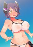 1girl bare_arms big_breasts bikini blue_background blush breasts cleavage collarbone covered_nipples embarrassed eye_patch eyepatch gradient gradient_background groin hair headgear inverted_nipples kantai_collection lillithlauda navel nipples nose_blush open_mouth purple_hair robot_girl see-through see-through_clothes short_hair simple_background solo standing stomach swimsuit tearing_up tears tenryuu_(kantai_collection) white_bikini yellow_eyes