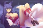  1girl 1girl 1girl ahri_(league_of_legends) areola big_breasts black_hair blush breast_hold breasts breasts_out_of_clothes cleavage female_only high_resolution kazukoto league_of_legends long_hair looking_at_viewer nipples tail thick_thighs thighs white_fur yellow_eyes 