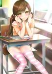  1girl brown_eyes brown_hair cameltoe classroom female_only light-skinned_female looking_at_viewer miniskirt non-nude pantyshot_(sitting) smile striped_legwear striped_panties twintails 