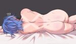 1girl antiheld aqua_(kingdom_hearts) artist_name ass back bed blanket blue_hair from_behind grey_background kingdom_hearts lying nude on_side short_hair tabletorgy tan_line tanned toned