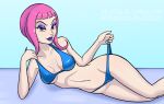 1girl duel_masters female female_only kaijudo kaijudo_rise_of_the_duel_masters nadia_lobachevsky pink_hair relatedguy solo swimsuit swimsuit_pull 