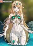 1girl alluring artist_name bare_shoulders big_breasts blonde_hair blurry blurry_background blush cleavage_cutout clothing_cutout covered_erect_nipples covered_navel covered_pussy dress elbow_gloves gloves headpiece heart heart_in_eye high_res kinkymation long_hair looking_at_viewer microdress mythra nintendo pantyhose partially_submerged patreon_username pussy rock see-through standing swept_bangs symbol_in_eye thigh_strap very_long_hair wading water water_drop wet wet_clothes wet_dress wet_hair white_dress white_gloves white_pantyhose xenoblade_(series) xenoblade_chronicles_2 yellow_eyes