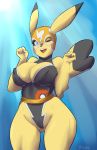  big_breasts cameltoe live_for_the_funk pikachu_libre pokemon pokemorph pokken winking_at_viewer 