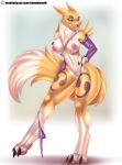  1girl 2015 anthro areola arm_warmers big_breasts blue_eyes breasts canine claws clothing digimon digitigrade doomthewolf fox fur hand_on_hip looking_at_viewer mammal muscular nipples nude panties panties_down pawpads pussy renamon smile underwear white_fur wide_hips yellow_fur 