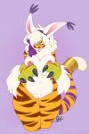  1girl 2015 anthro areola big_breasts breast_squish breasts buxbi buxbi_(character) chubby cosplay digimon feline furry gatomon hair looking_at_viewer mammal nipple_piercing nipples nude piercing purple_background pussy simple_background smile standing stripes thick_thighs tiger voluptuous white_hair wide_hips 