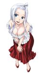  1girl :d bare_shoulders big_breasts blue_eyes breasts cleavage collarbone fairy_tail female frills hands_on_own_knees large_breasts leaning_forward long_hair long_skirt looking_at_viewer mashima_hiro mirajane_strauss official_art open_mouth scrunchie shiny shiny_clothes shiny_hair silver_hair skirt smile solo strapless topknot wrist_scrunchie 