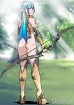  archer armor armored_dress arrows ass bare_ass blue_hair bottomless bow braid dress elf fantasy high_heels high_resolution kneehighs long_hair looking_back pointed_ears ponytail red_eyes shoes tekuho_(artist) tied_hair very_high_resolution 