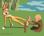  arms_back bondage bunny cartoon closed_eyes elmer_fudd feather furry laughing lola_bunny nude nudity paws solletickle stocks tickling 