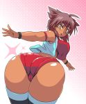 1girl ahoge animeotk ass bent_over big_ass breasts brown_hair brown_skin cameltoe chestnut_mouth curvy dark_skin ekakiuo female from_behind headband huge_ass huge_breasts large_breasts looking_back massive_ass open_mouth original original_character shorts slit_pupils solo spanked thick_thighs thighhighs yellow_eyes