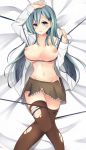  1girl 1girl big_breasts blush breasts brown_legwear clavicle cleavage green_eyes green_hair groin hair_ornament hairclip harenchi high_resolution kantai_collection long_hair looking_at_viewer lying navel nipples nopan on_back one_arm_up open_clothes open_shirt pleated_skirt rei_no_himo school_uniform shirt skirt stockings suzuya_(kantai_collection) torn_clothes torn_thighhighs 