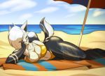1girl 2015 anthro beach bikini breasts canine cleavage clothed clothing furry hair looking_at_viewer mammal original original_character outside pose sand sea seaside swimsuit toughset towel water white_hair wolf yellow_eyes