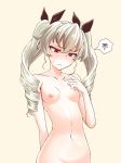 1girl anchovy_(girls_und_panzer) arm_behind_back blush breasts dorotabou_(dieter) drill_hair girls_und_panzer green_hair hair_ornament hair_ribbon high_resolution long_hair looking_down nude red_eyes ribbon small_breasts squiggle sweatdrop tied_hair twin_drills twin_tails yellow_background