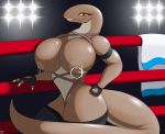  1girl 2015 anthro big_breasts breasts brown_scales claws clothed clothing digital_media_(artwork) fighting_ring fingerless_gloves furry gloves hand_on_hip high_res huge_breasts legwear lingerie lips looking_at_viewer nipple_piercing nipples partially_clothed piercing reptile rope scales scalie skimpy smile snake standing stockings towel white_sclera wiira_(artist) yellow_eyes 