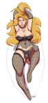 big_breasts breasts dsan fishnets full_body green_eyes lingerie nipples on_back pointed_ears stockings