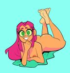 1girl dc dc_comics green_eyes herny looking_at_viewer lying nipples nude on_stomach simple_background starfire teen_titans teen_titans_go 