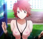  1girl :o anime big_breasts breasts brown_eyes chiba_erika cleavage grass large_nipples mahouka_koukou_no_rettousei neck_tie nipples nude nude_filter photoshop red_hair redhead school screen_capture short_hair 