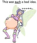  axel-rosered belly_bulge belly_expansion digimon digimon_(species) digimon_tamers facial_mark fairimon gauntlets hand_on_belly inflation knee_boots pain purple_hair visor vore weight_gain wings 