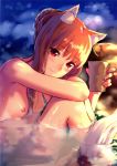  1girl absurdres animal_ears blush breasts brown_hair cup drinking fox_tail hair_up high_resolution highres holding holo horo kawakami_rokkaku kitsune kitsunemimi knees_on_chest knees_to_chest long_hair looking_at_viewer night night_sky nipples nude onsen partially_submerged petite red_eyes scan shiny sitting sky small_breasts smile solo spice_and_wolf steam tail very_high_resolution wet wolf_ears wolf_tail 