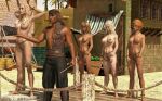 1boy 3d 4girls auction blonde_hair clothed_male_nude_female dark-skinned_male dark_skin multiple_girls shackles slave slave_auction