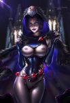 1girl ayyasap breasts dc_comics exposed_breasts exposed_pussy female female_only forehead_jewel hairless_pussy looking_at_viewer mostly_nude pussy raven_(dc) short_hair solo solo_female standing superheroine teen_titans