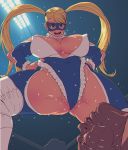  1girl big_breasts blonde_hair breasts leotard long_hair looking_down mask pose rainbow_mika revealing_clothes smile street_fighter sweat sweatdrop 