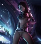 1girl 3d black_hair bra breasts fabsteros female mass_effect miranda_lawson navel pinup pussy solo source_filmmaker uncensored