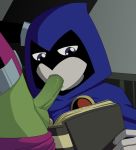  beast_boy book cape clothed dc_comics fellatio grey_skin hood incognitymous_(artist) oral penis purple_eyes raven_(dc) teen_titans testicles 
