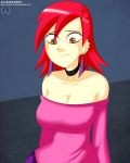  1girl alcasar-reich alcasar-reich_(artist) bare_shoulders big_breasts breasts brown_eyes choker cleavage ear_piercing earrings female female_only foster&#039;s_home_for_imaginary_friends frankie_foster long_sleeves off_shoulder pink_shirt red_hair shirt short_hair 
