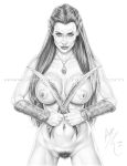  1female 1girl 2015 armando_huerta big_breasts blade breasts elf evangeline_lilly eyebrows eyelashes female female_only greyscale hair long_hair lord_of_the_rings monochrome navel navel_piercing nipples solo tauriel the_hobbit 