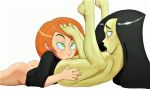  ass bare_legs barefoot black_hair blush bottomless completely_nude feet green_eyes green_skin kim_possible kimberly_ann_possible legs_up no_shoes nude pussylicking red_hair shaved_pussy shego simple_background thighs yuri 