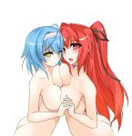  2girls :o ahoge arm arms art ass babe bare_arms bare_shoulders big_breasts blue_hair blush breast_press breasts butt_crack cleavage collarbone friends hair hair_ribbon hairband hand_holding heart interlocked_fingers large_breasts light_blue_hair long_hair looking_at_viewer love mio_naruse moaning multiple_girls mutual_yuri neck neck_tattoo nude open_mouth red_eyes red_hair ribbon rindou_(faker&#039;s_manual) shinmai_maou_no_testament shiny shiny_hair short_hair shy sideboob simple_background symmetrical_docking tattoo transparent_background two_side_up white_background yellow_eyes yuki_nonaka yuri 