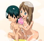  brother_and_sister haruka_(pokemon) incest masato_(pokemon) max_(pokemon) may_(pokemon) nude pokemon shower siblings torchic white_background wince 