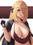  1_girl 1girl blonde blonde_hair breasts cynthia cynthia_(pokemon) female female_human female_only fingerless_gloves hair_over_one_eye human long_blonde_hair long_hair looking_at_viewer mostly_nude no_bra pokemon shirona_(pokemon) solo zaphn 