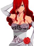  1girl arm_up arms art artist_request babe bare_shoulders big_breasts breasts brown_eyes cleavage collarbone dress earring earrings elbow_gloves erza_scarlet fairy_tail floral_print flower formal gloves grey_dress grey_gloves hair_over_one_eye hand_on_hip jewelry large_breasts lips lipstick long_hair looking_at_viewer makeup neck necklace pink_lipstick red_hair red_rose sidelocks smile strapless strapless_dress white_background 