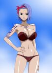  1girl alluring bare_legs bare_shoulders big_breasts black_eyes blue_background blue_hair bra bracelet breasts cleavage conomi_islands east_blue hairband hand_on_hip hand_on_hips high_res jewelry legs lingerie looking_at_viewer nel-zel_formula nojiko one_piece panties purple_hair short_hair silf simple_background smile standing tattoo thighs underwear voluptuous 