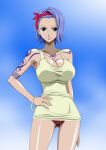  1girl alluring bare_legs bare_shoulders big_breasts black_eyes blue_background blue_hair bracelet breasts cleavage conomi_islands east_blue hairband hand_on_hip hand_on_hips high_res jewelry legs looking_at_viewer nel-zel_formula nojiko one_piece panties purple_hair short_hair silf simple_background smile standing tank_top tattoo thighs voluptuous 