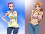  2_girls alluring bikini_top blue_hair clothed hot jeans multiple_girls nami_(one_piece) nel-zel_formula nojiko nojiko_(one_piece) one_piece orange_hair sexy siblings silf sisters tank_top tattoo voluptuous wallpaper 