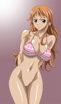  1girl 1girl alluring bikini_top bottomless breasts brown_eyes censored denim erect_nipples high_res high_res huge_breasts long_hair midriff naked_from_the_waist_down nami nami_(one_piece) navel nel-zel_formula nipples no_panties nude one_piece orange_hair pussy smile 